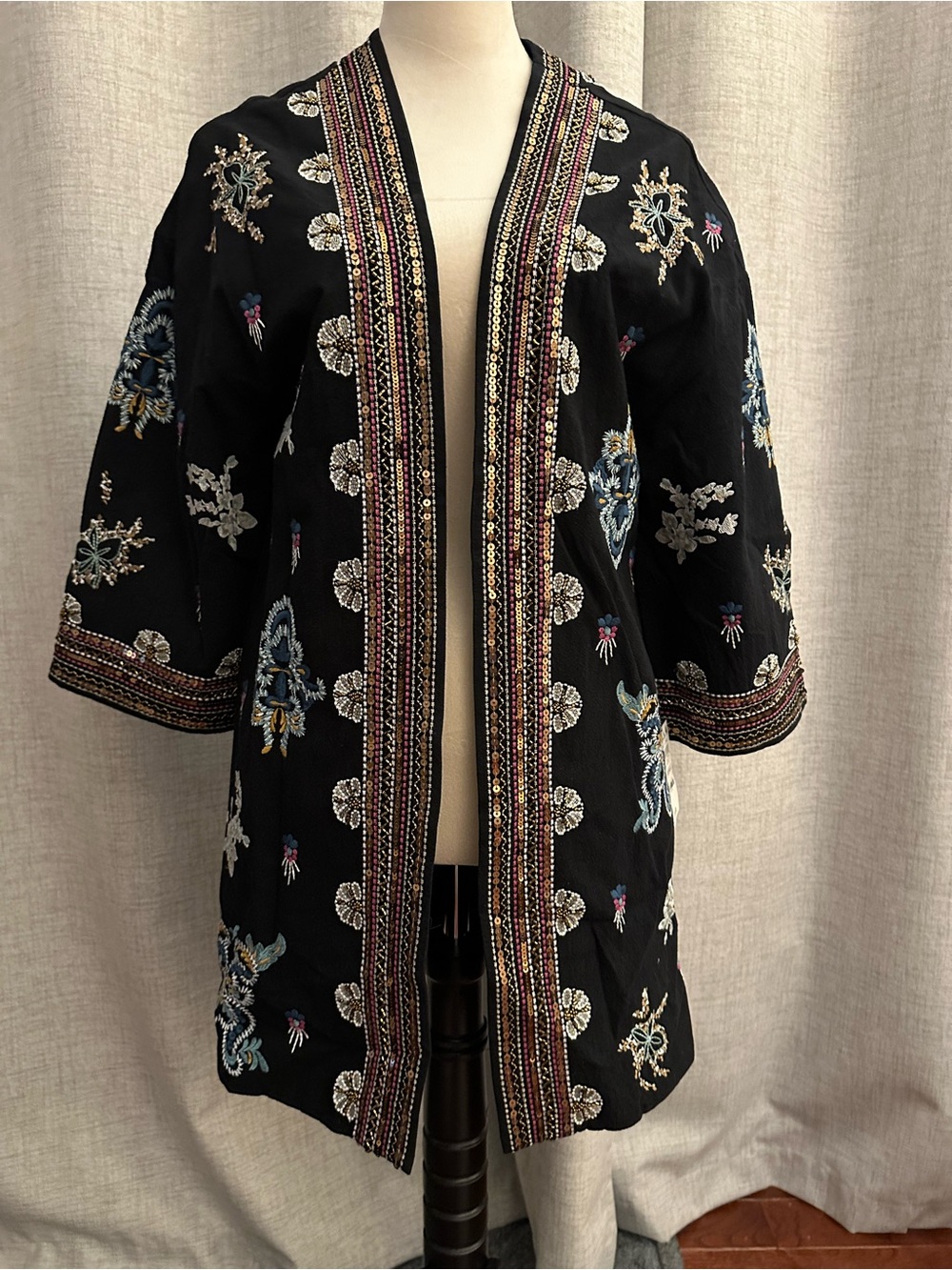INC International Concepts Black Embroidered Kimono-Style Topper